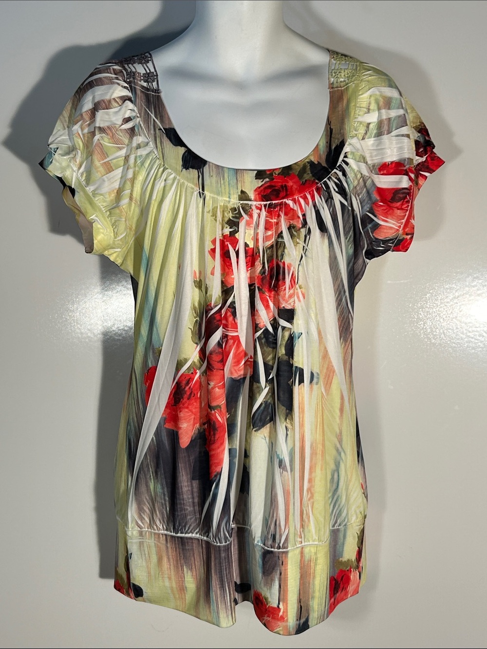 Design Works Y2K SZ2X Rose Print Tunic Top Lace Boho Fairy Coquette Whimsigoth